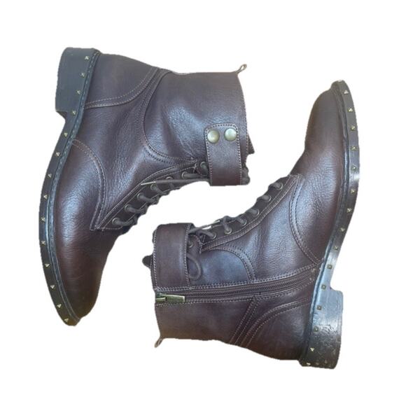 VINCE CAMUTO Combat Boots Leather Talorini Lace Up Burly Brown Studded Sz 9.5 - Picture 2 of 6